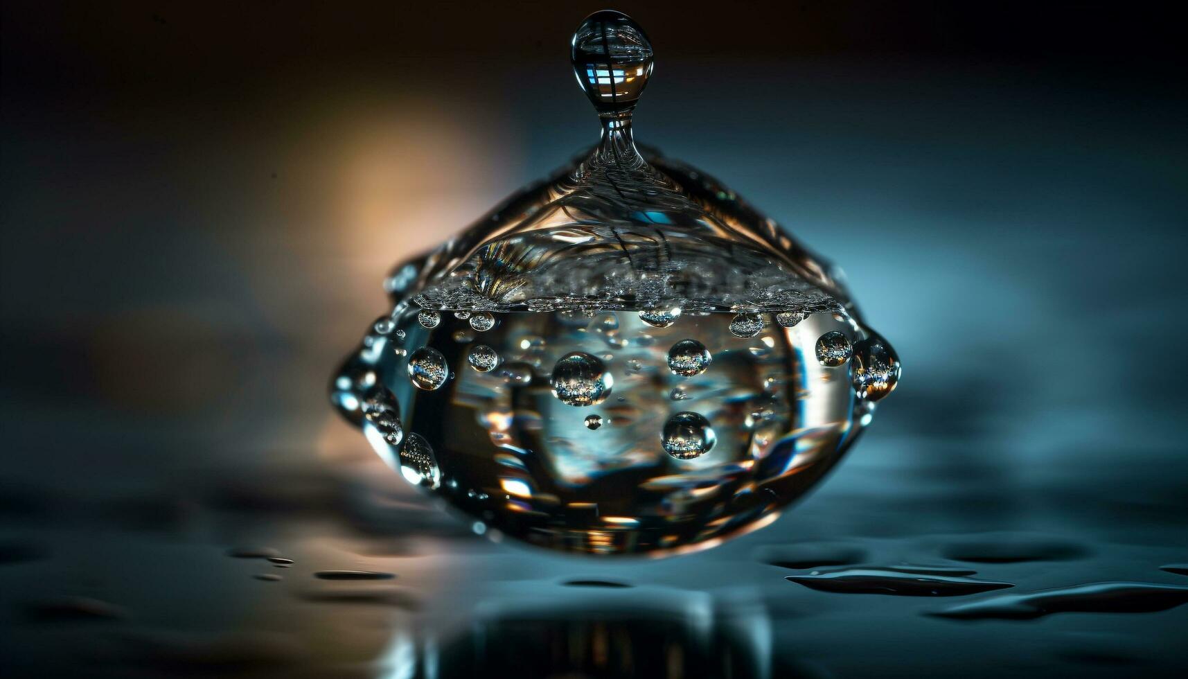 Transparent raindrop reflects pure beauty in nature design generated by AI photo