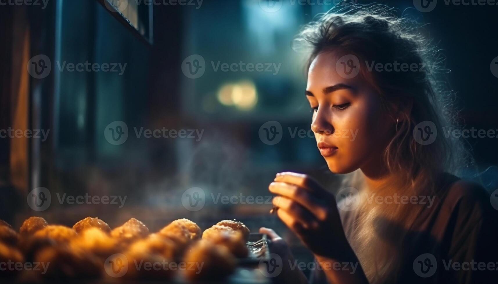 joven mujer disfrutando café y meriendas adentro generado por ai foto