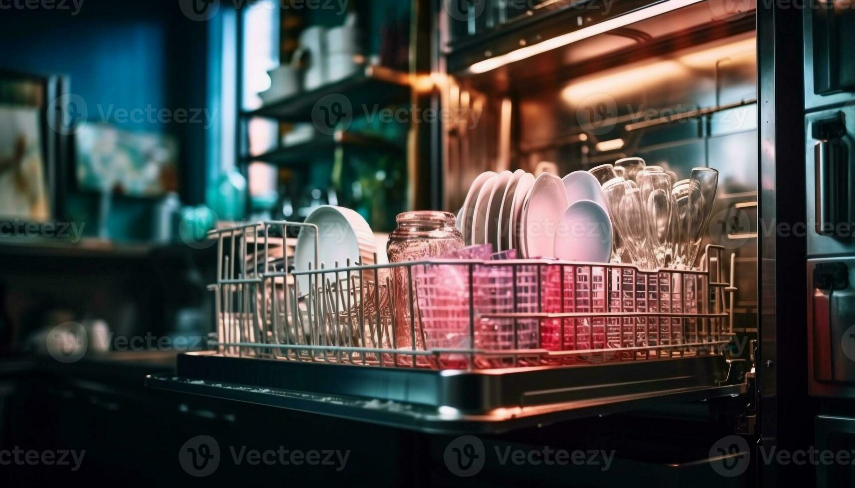 Clean crockery stacked neatly in modern kitchen generated by AI photo