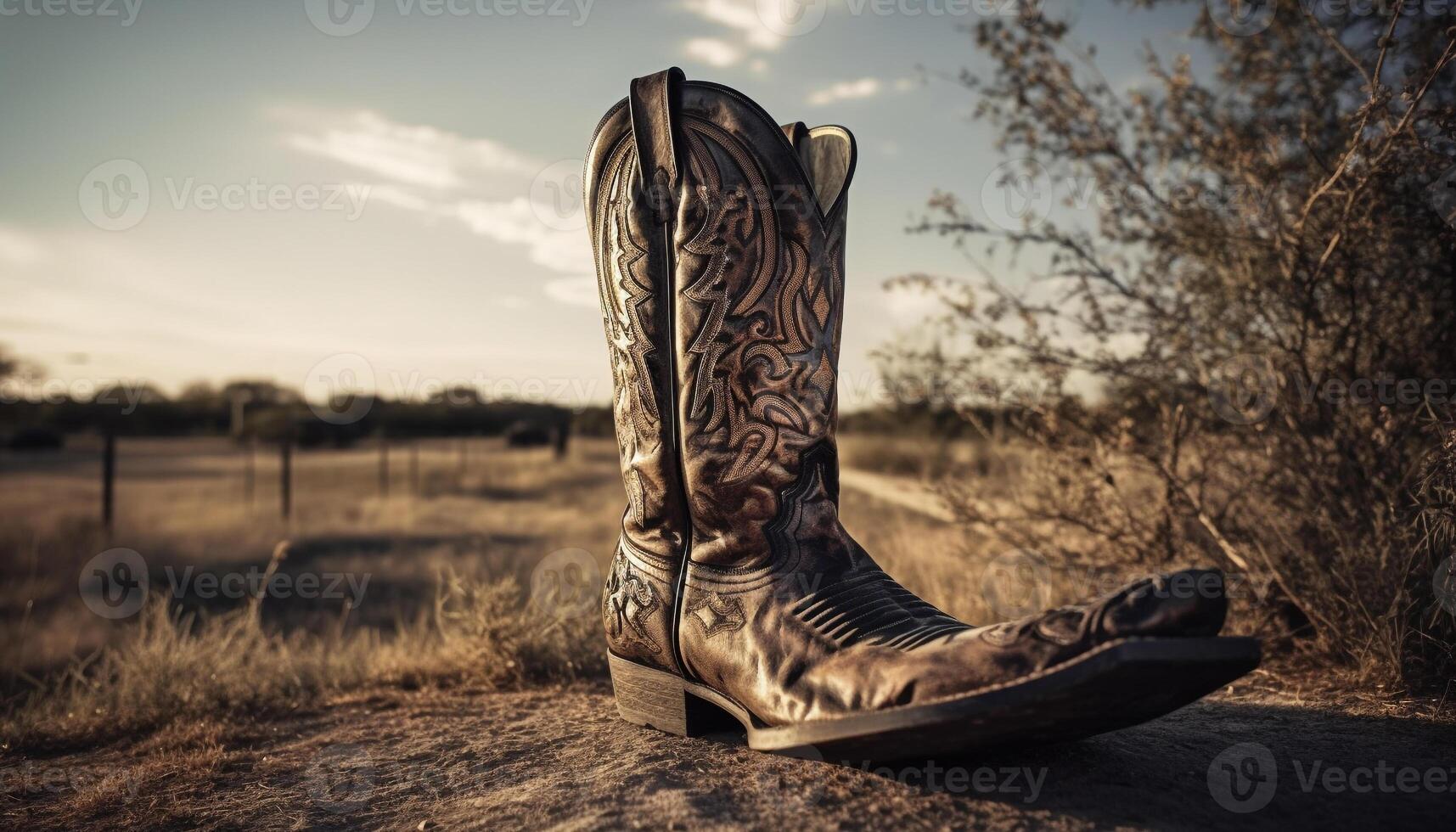 Cowboy boot on rustic fence in sunset generated by AI photo