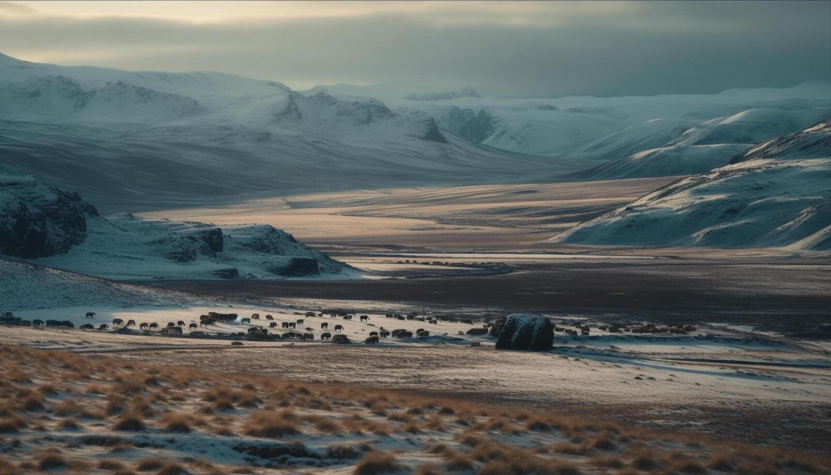 Majestic mountain range tranquil meadow pastures generated by AI photo
