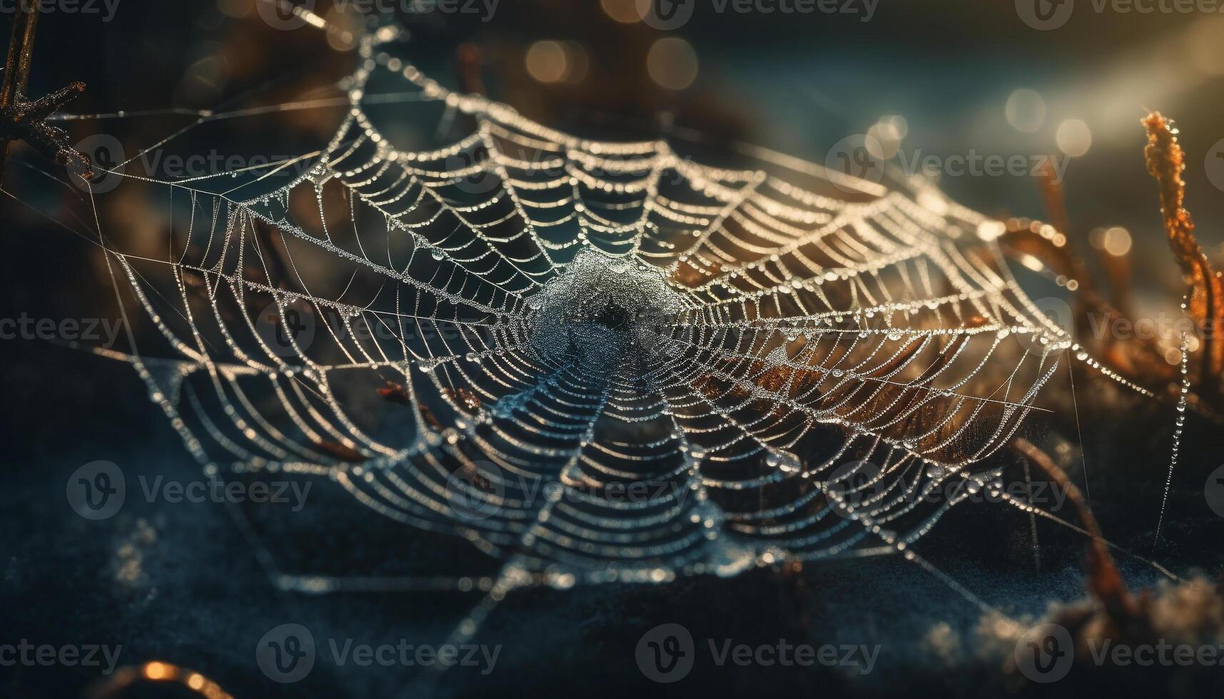 Dew drops in spider web, nature trap generated by AI photo