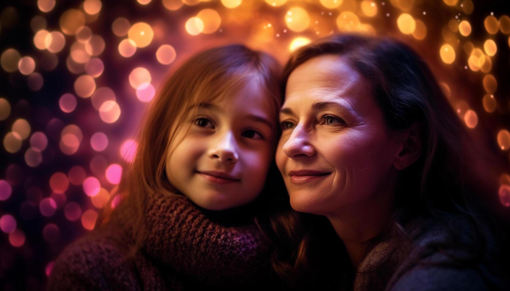 Smiling family enjoys Christmas lights and laughter generated by AI photo