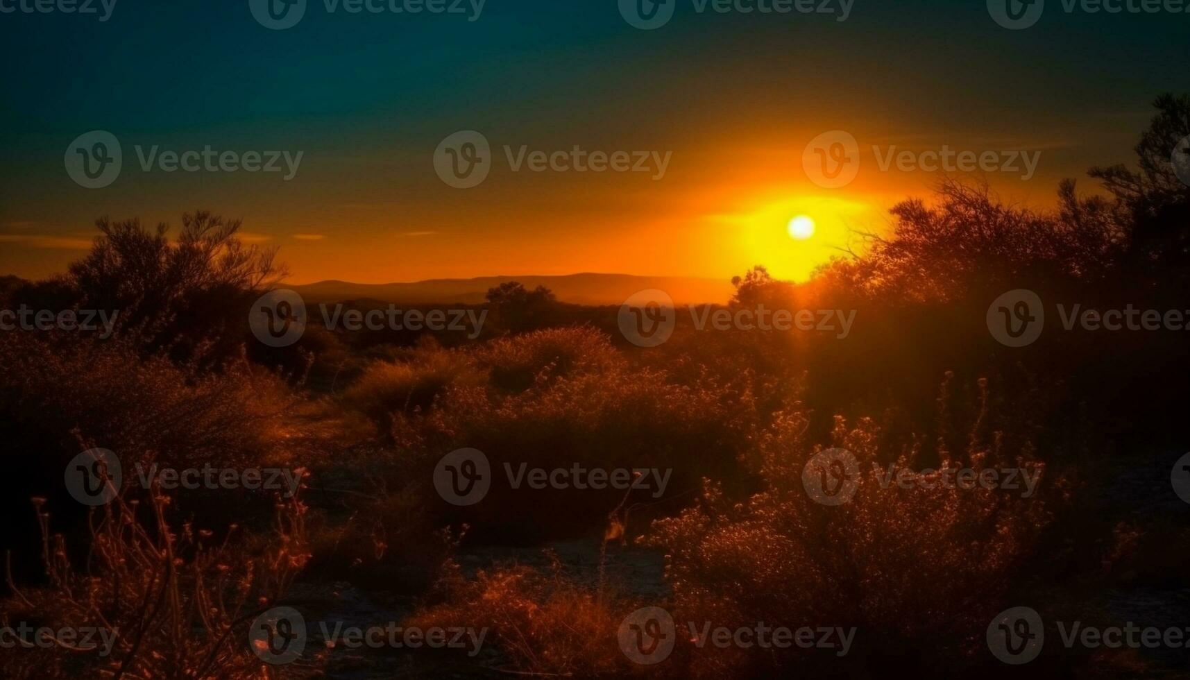 Silhouette tree back lit by orange sunset generated by AI photo