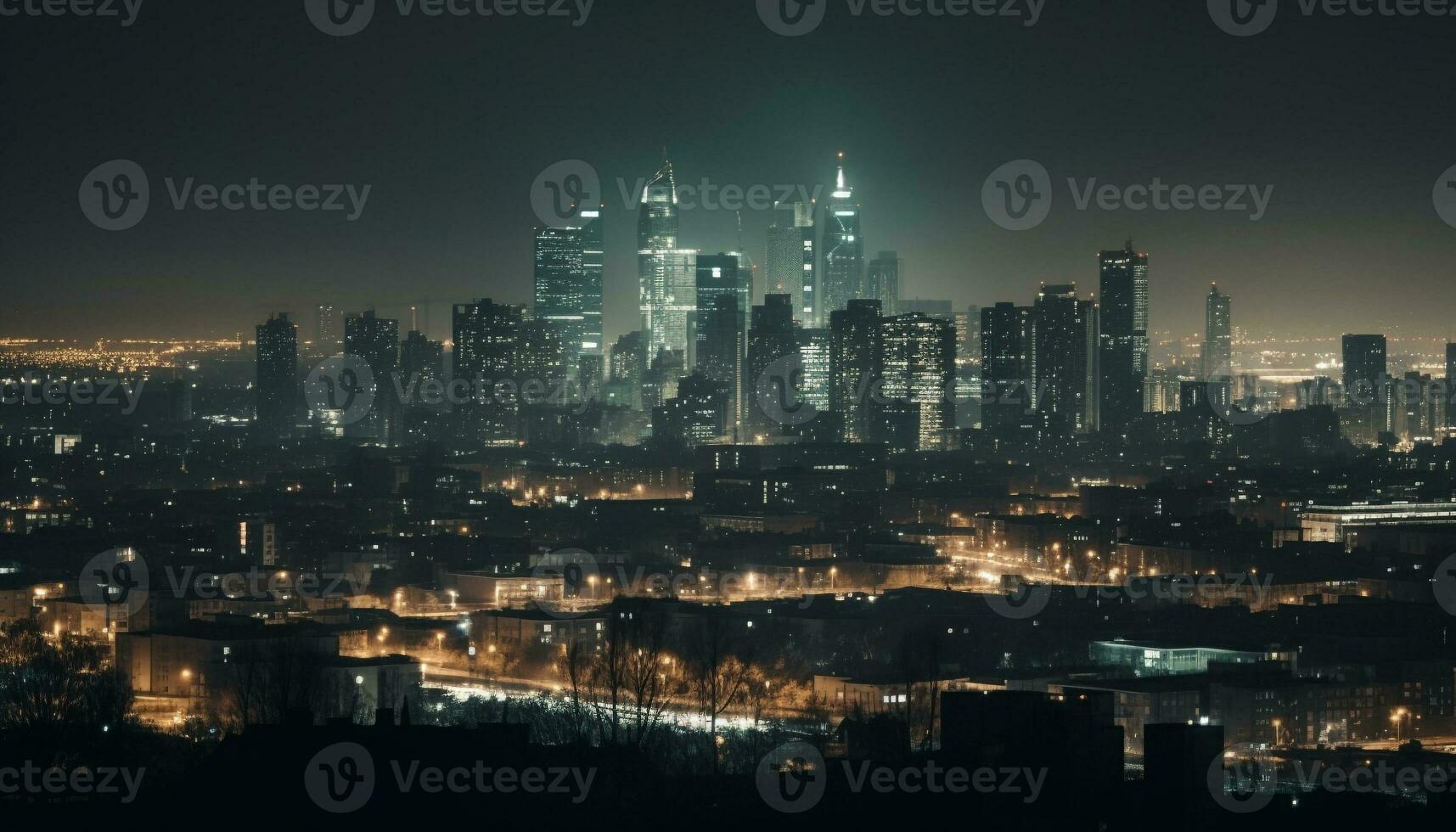 Glowing city skyline at night, reflecting on water generated by AI photo