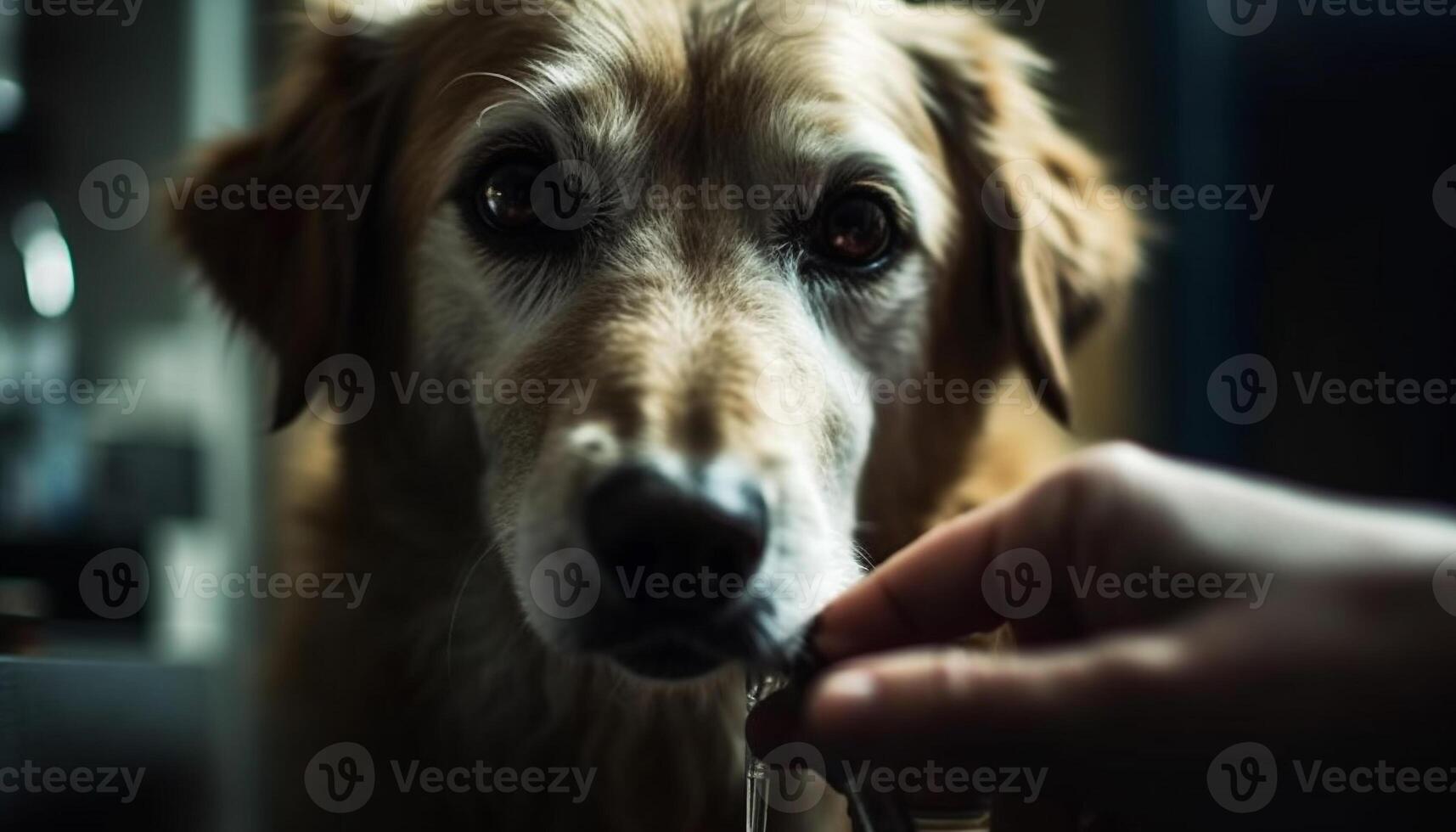 linda de pura raza perrito sesión, mirando a propietario mano generado por ai foto