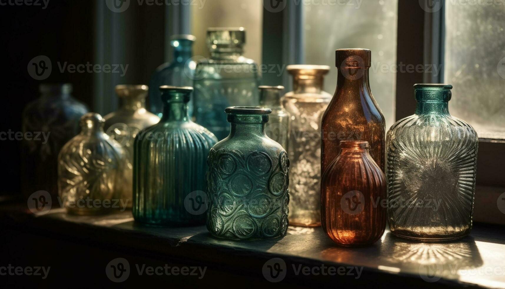 Old fashioned glassware collection on rustic wooden shelf generated by AI photo