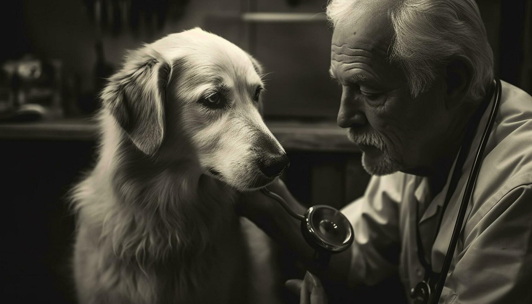 Mature adult holding loyal Labrador, examining health generated by AI photo