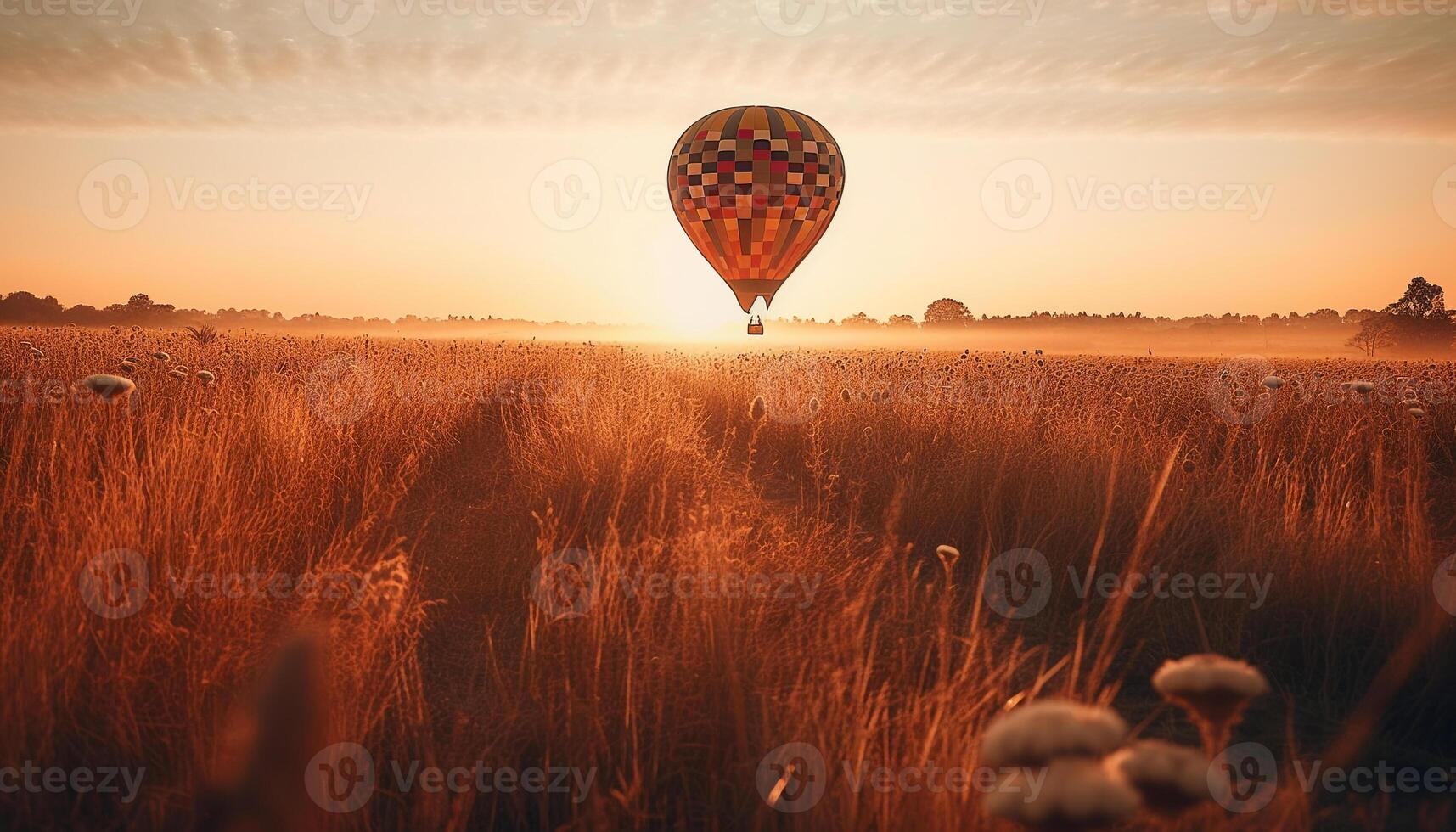 Flying hot air balloon, adventure in nature generated by AI photo