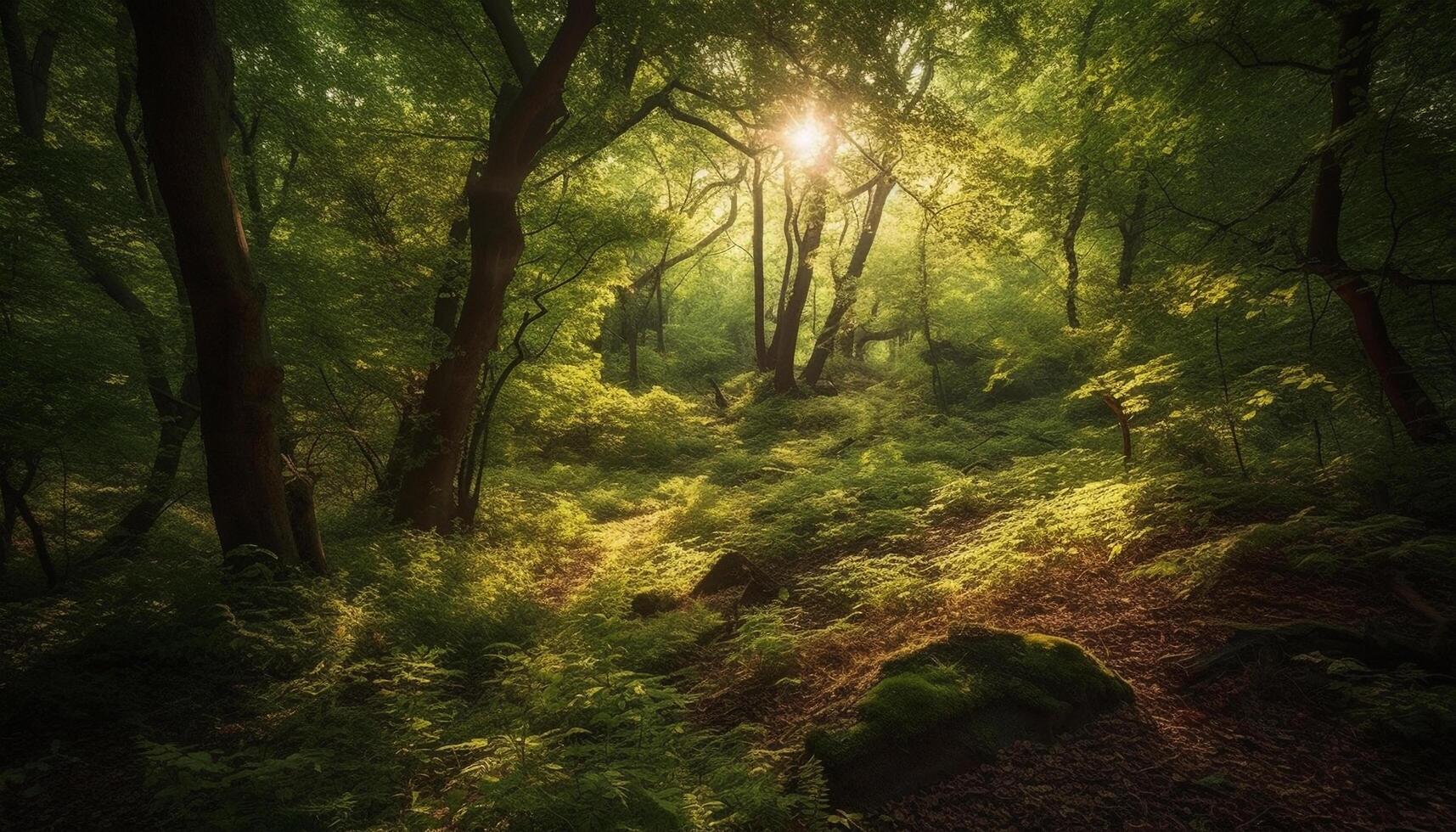 Tranquil forest path, autumn leaves underfoot generated by AI photo