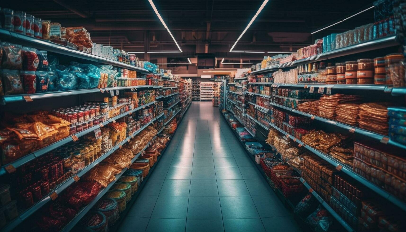 Abundance of fresh groceries in supermarket aisle generated by AI photo