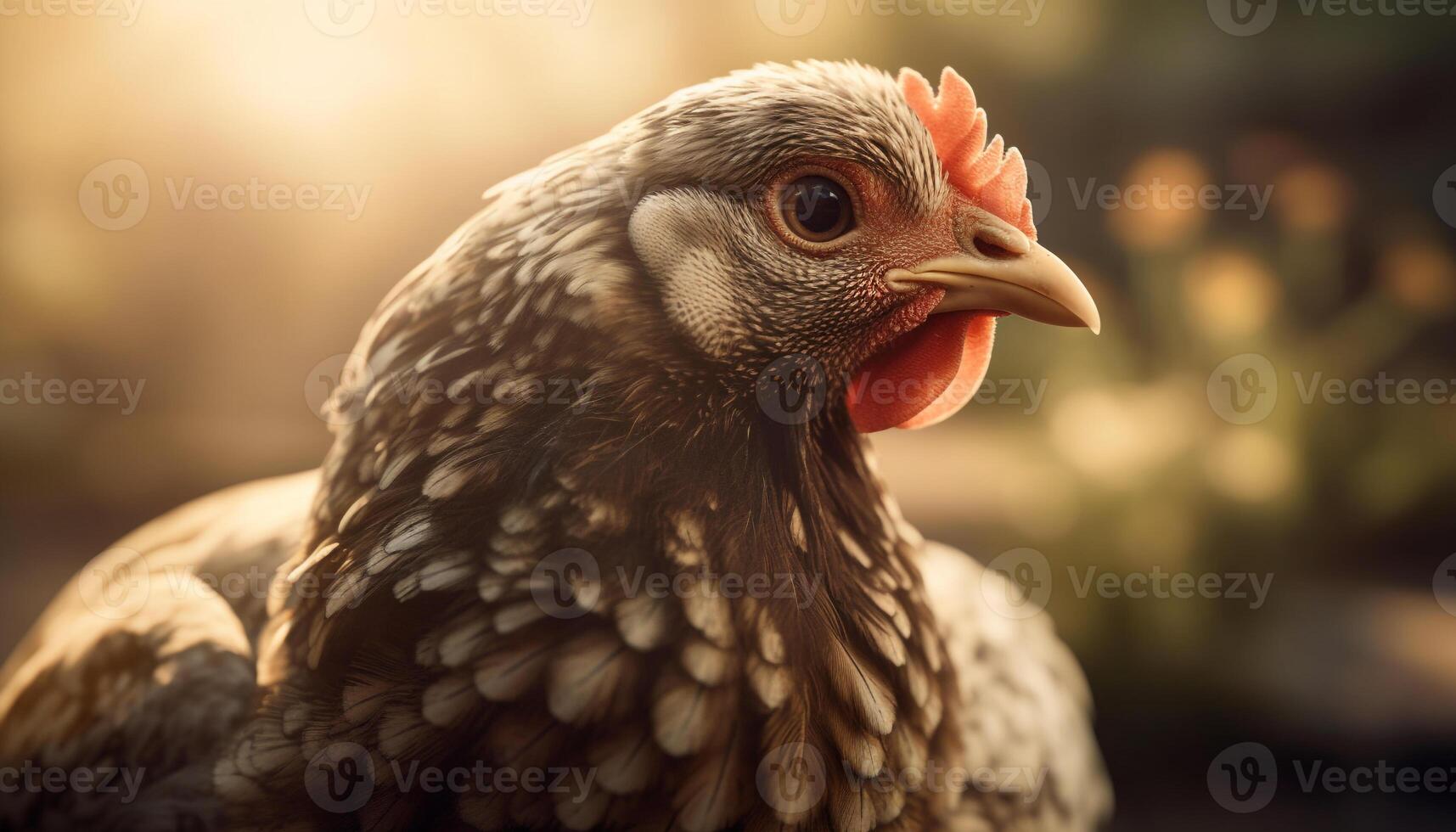 Feathered rooster crows in rural farm scene generated by AI photo