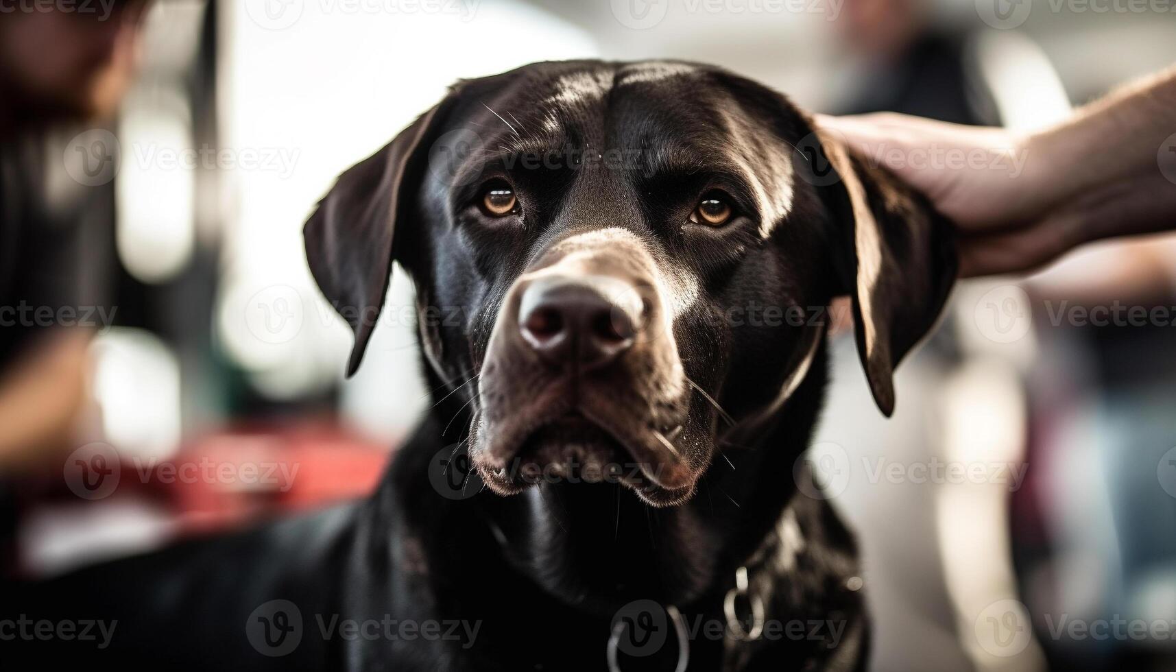 Cute puppy sitting, looking at owner face generated by AI photo