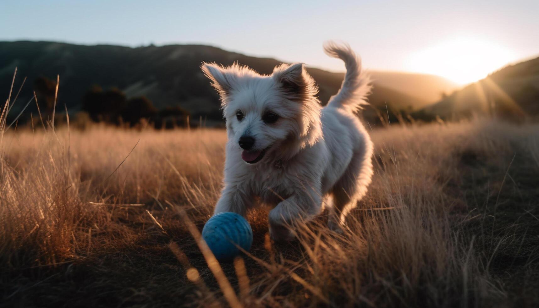 Fluffy terrier playing with ball in sunlight generated by AI photo