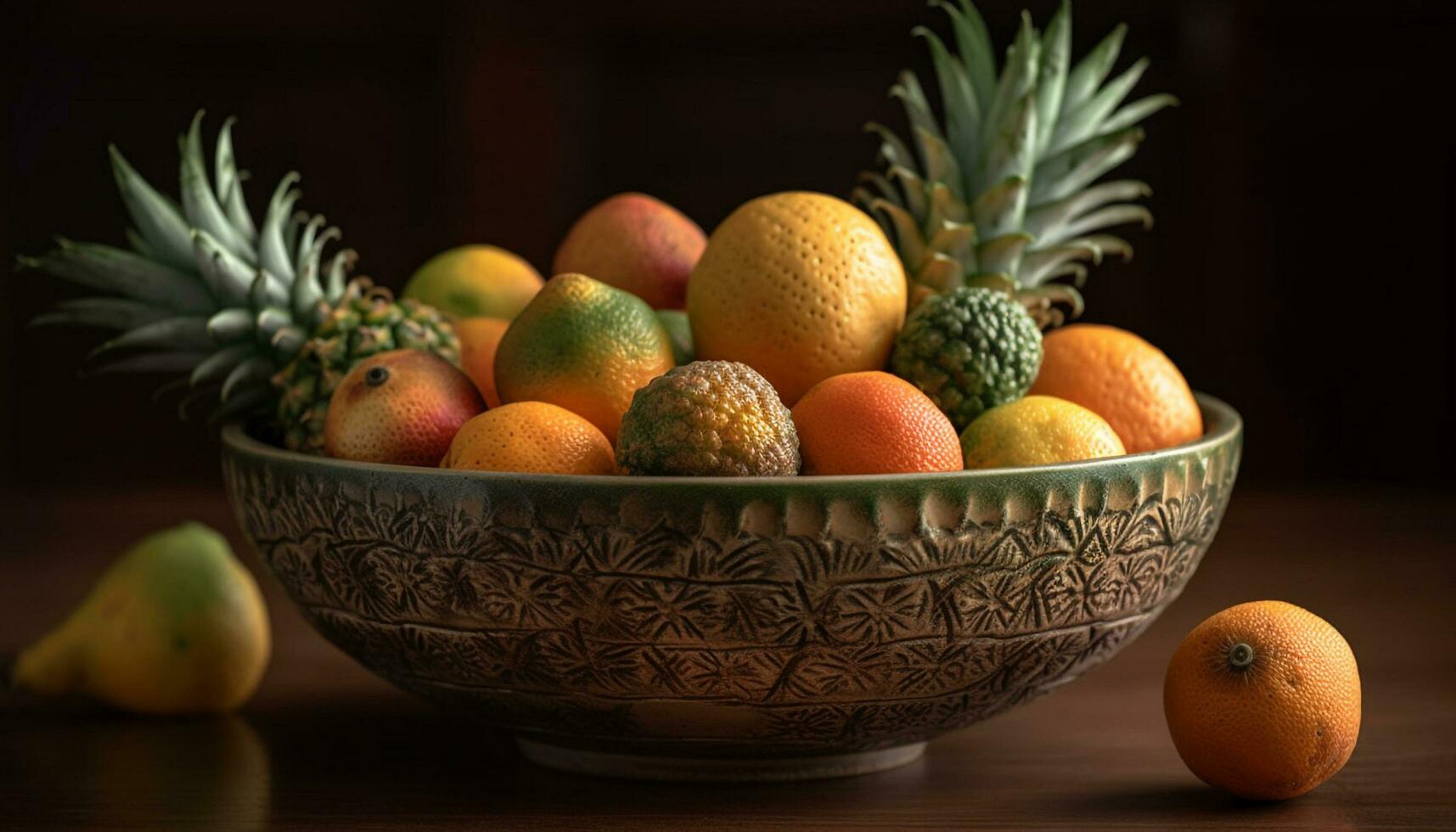 Fresco Fruta cuenco en de madera mesa, sano comiendo generado por ai foto