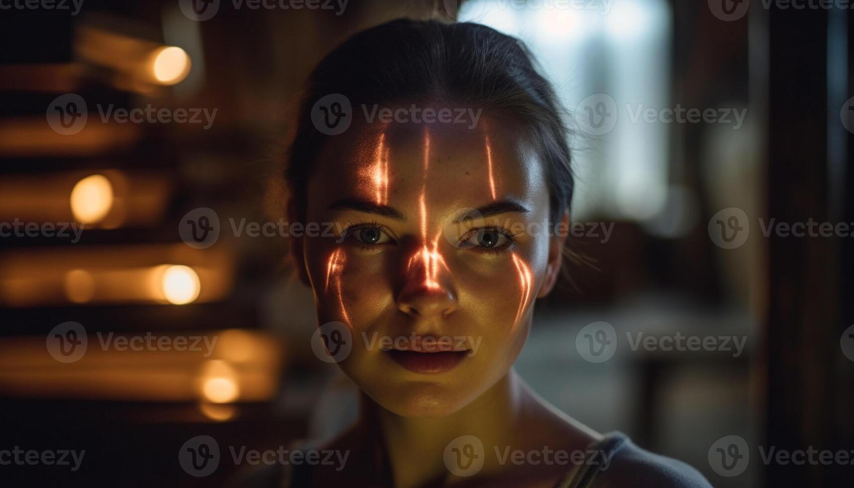 Beautiful young woman smiling at camera indoors generated by AI photo