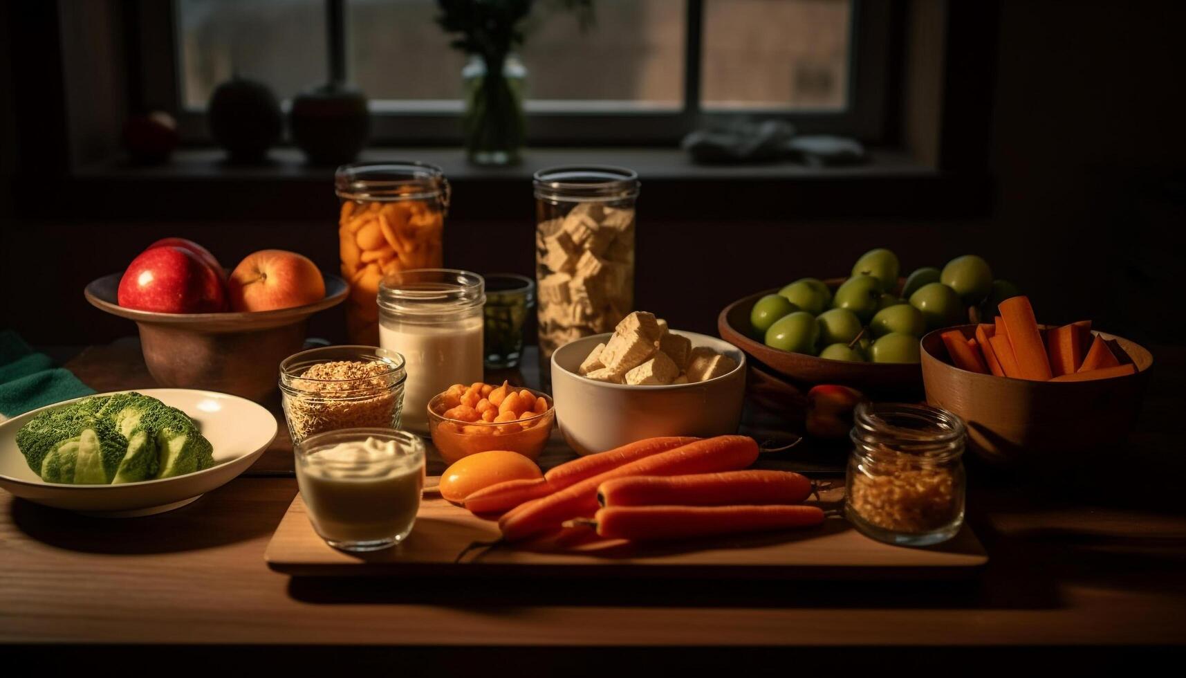 Healthy meal on rustic table with fresh ingredients generated by AI photo