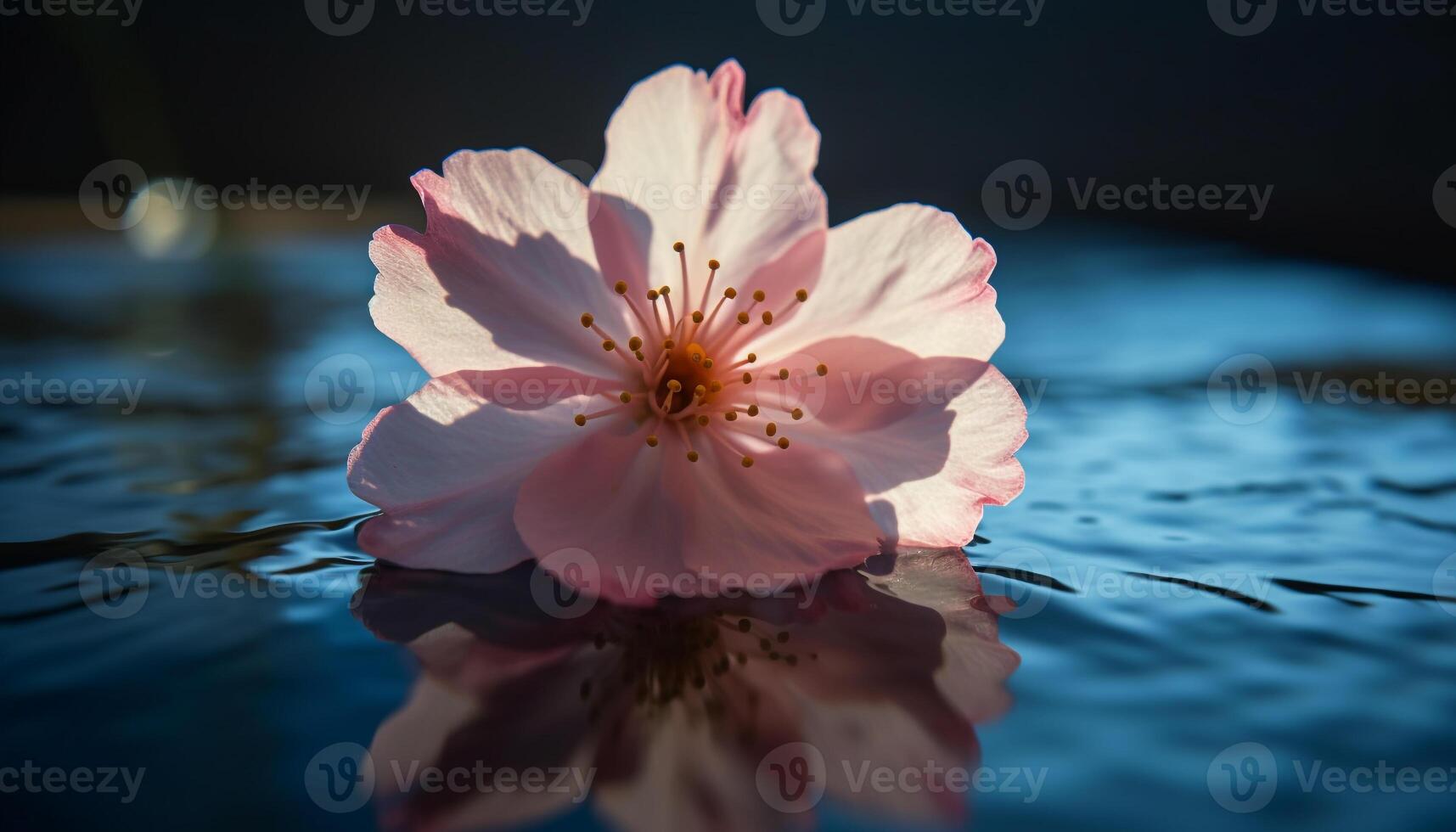 Vibrant hibiscus blossom reflects in tranquil pond generated by AI photo