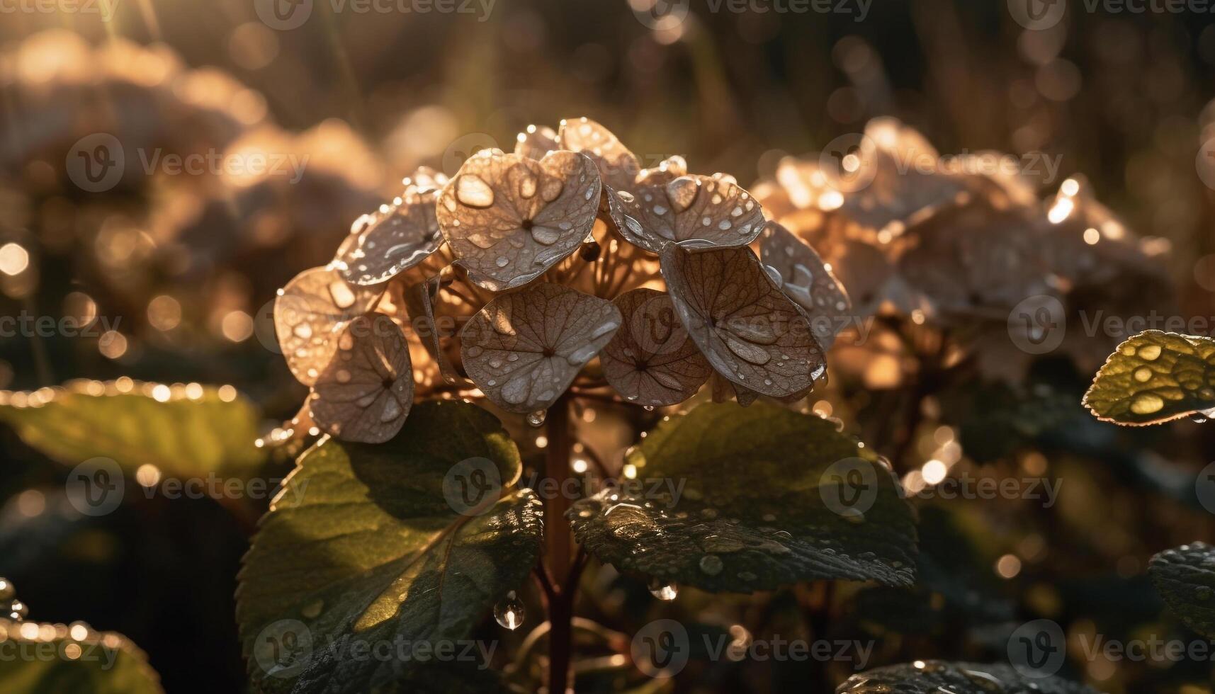 Fresh green leaf drops dew in sunlight generated by AI photo