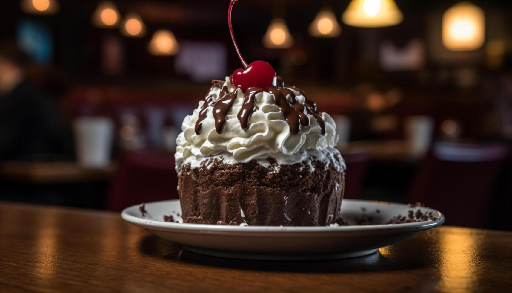 Indulgent chocolate dessert on plate with whipped cream generated by AI photo