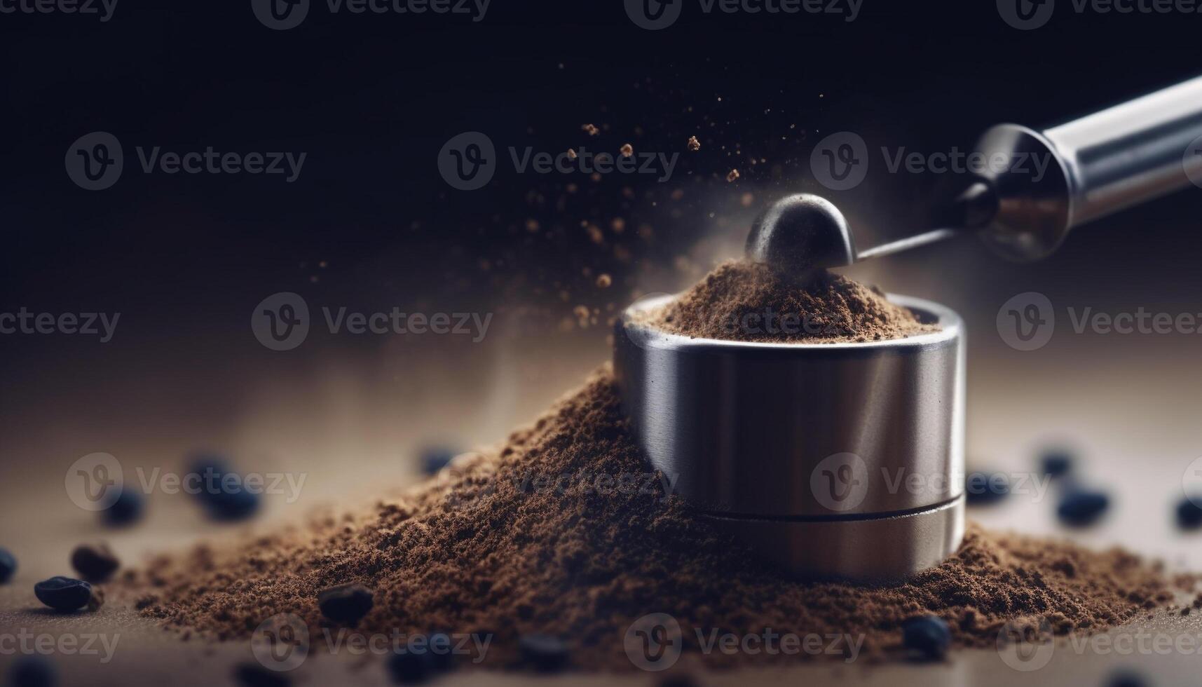 Freshly ground coffee beans spill from metal grinder onto table generated by AI photo