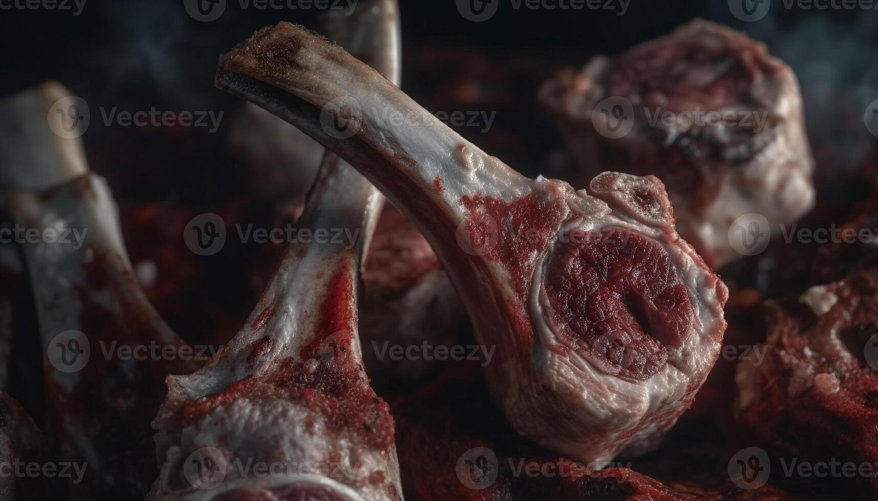 Grilled meat on barbecue, close up of juicy rib steak generated by AI photo