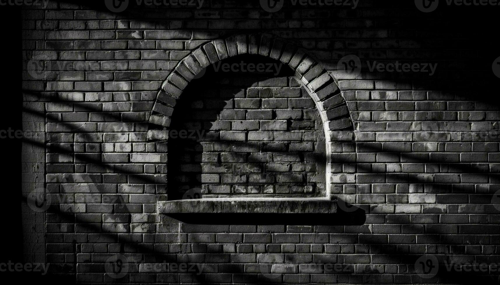 Dark brick wall with rusty metal arch and abstract shape generated by AI photo