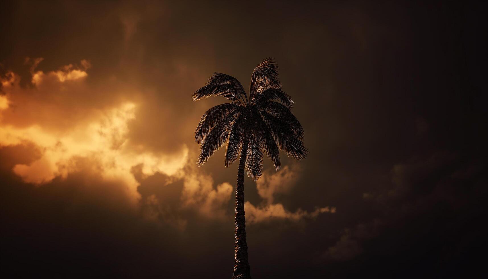 Silhouette of palm tree against orange sky, tranquil tropical atmosphere generated by AI photo