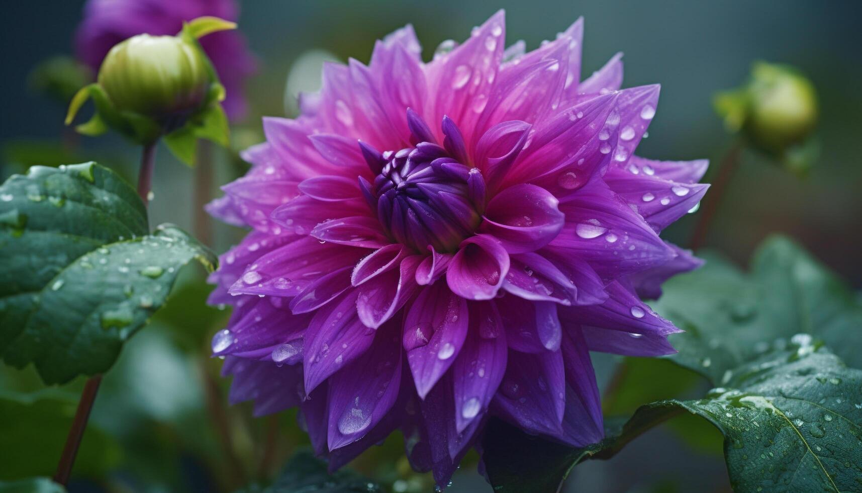 Vibrant petals of a wet dahlia in a formal garden generated by AI photo
