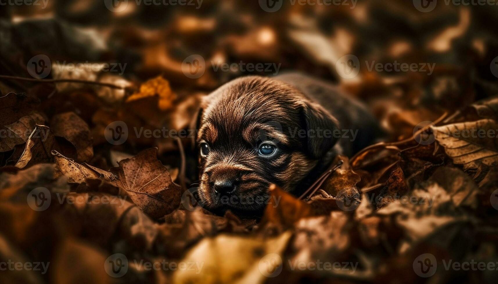 Cute puppy playing in autumn forest, a furry friend beauty generated by AI photo