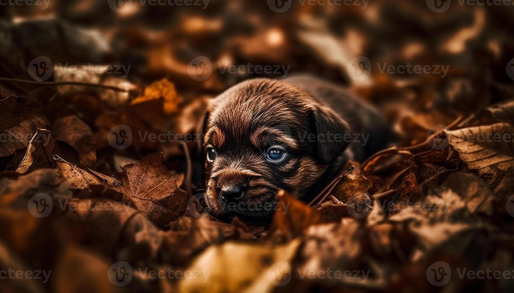 Cute puppy playing in autumn forest, a furry friend beauty generated by AI photo