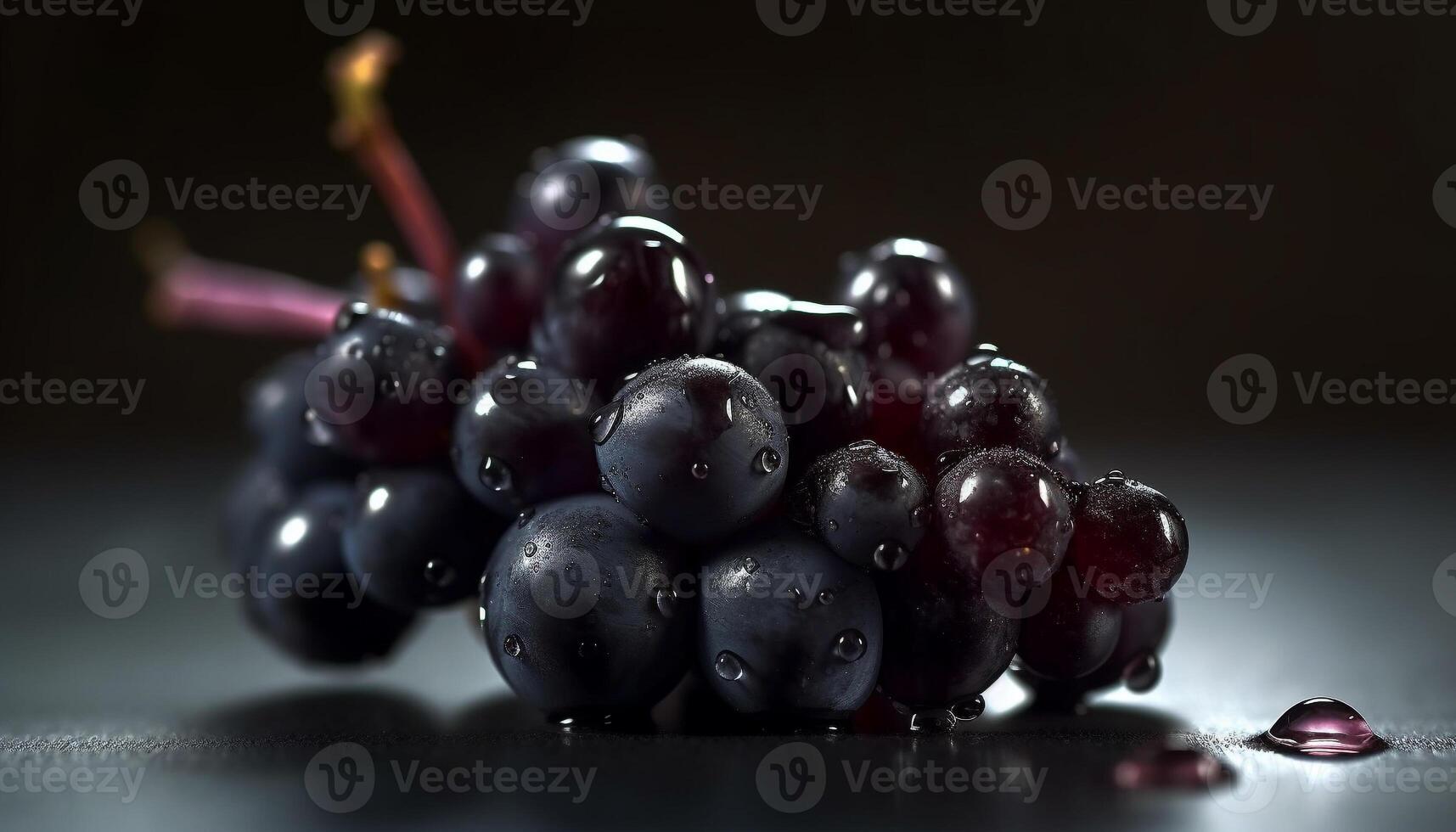 Juicy purple berry bunch reflects nature freshness on wooden table generated by AI photo