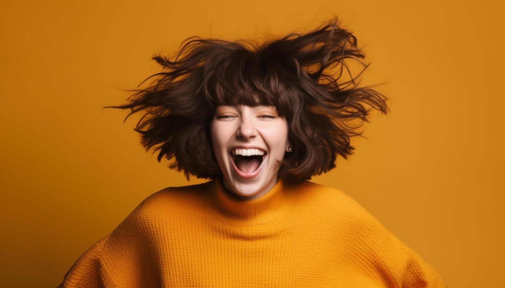 Young adult woman smiling with joy, shouting in excitement, portrait generated by AI photo