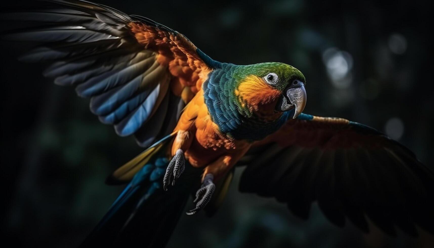 Vibrant gold and blue macaw perching on branch in rainforest generated by AI photo