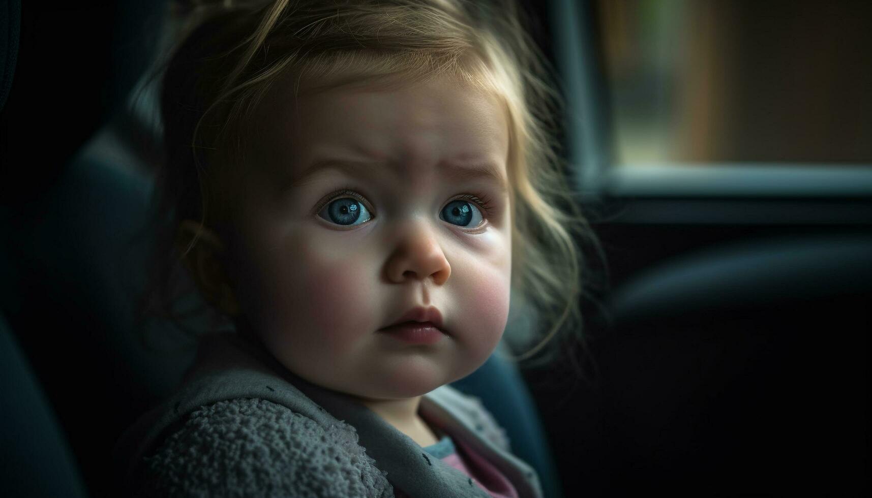 linda bebé niña sentado en auto, mirando fuera ventana felizmente generado por ai foto