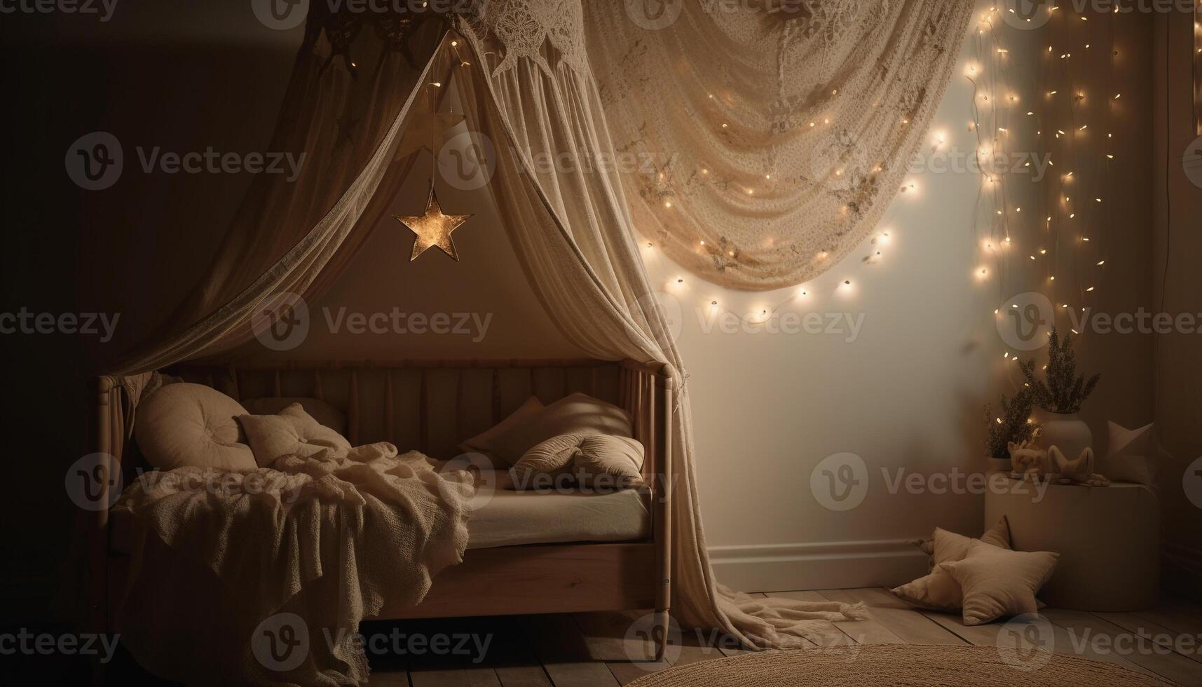 Modern bedroom with elegant decor, cozy bedding, and illuminated lamp generated by AI photo
