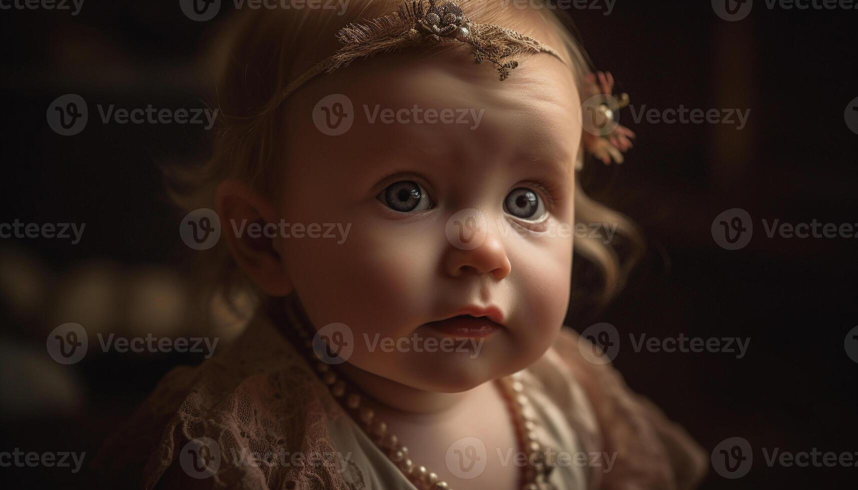 Cute Caucasian toddler girl smiling outdoors, looking at camera generated by AI photo