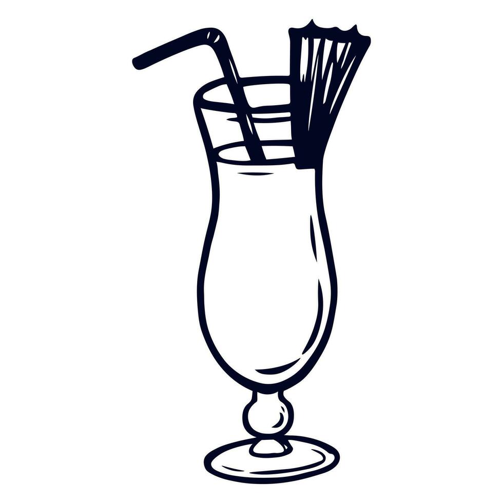 Pinacolada Summer Cocktail in a Glass. Hand Drawn Vector Sketch of Summer Refreshing Drink