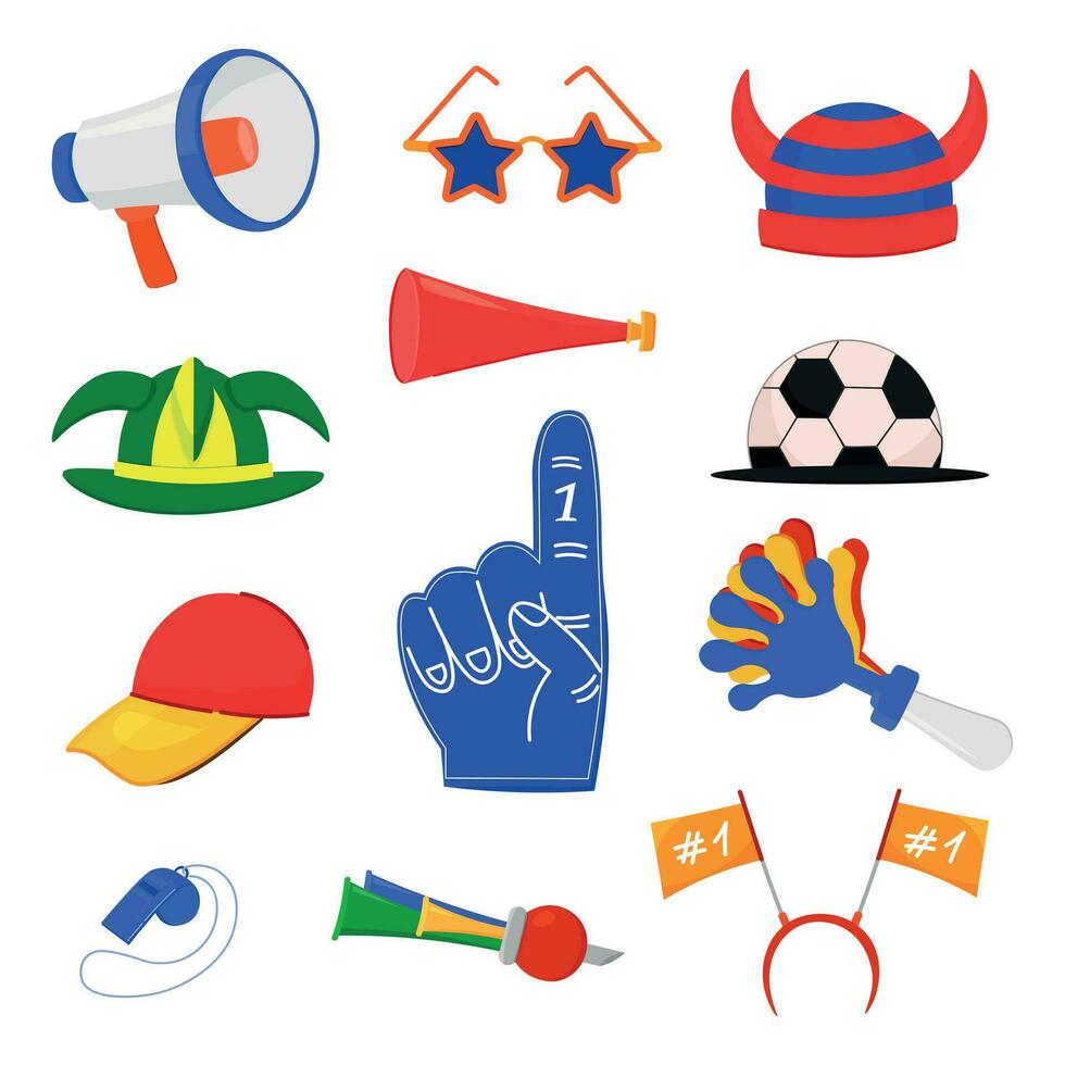 Vector Set of Fan Soccer Accessories. Sports Fan Elements. Football Championship Fan. Competition Match Attributes Vector Illustration