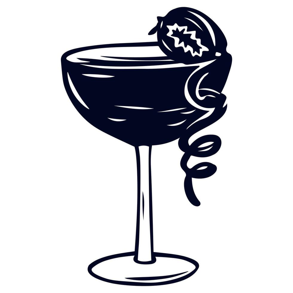 Summer Refreshing Cocktail with Strawberry. Hand Drawn Graphic Vector Ink Sketch of Summer Alcoholic Drink
