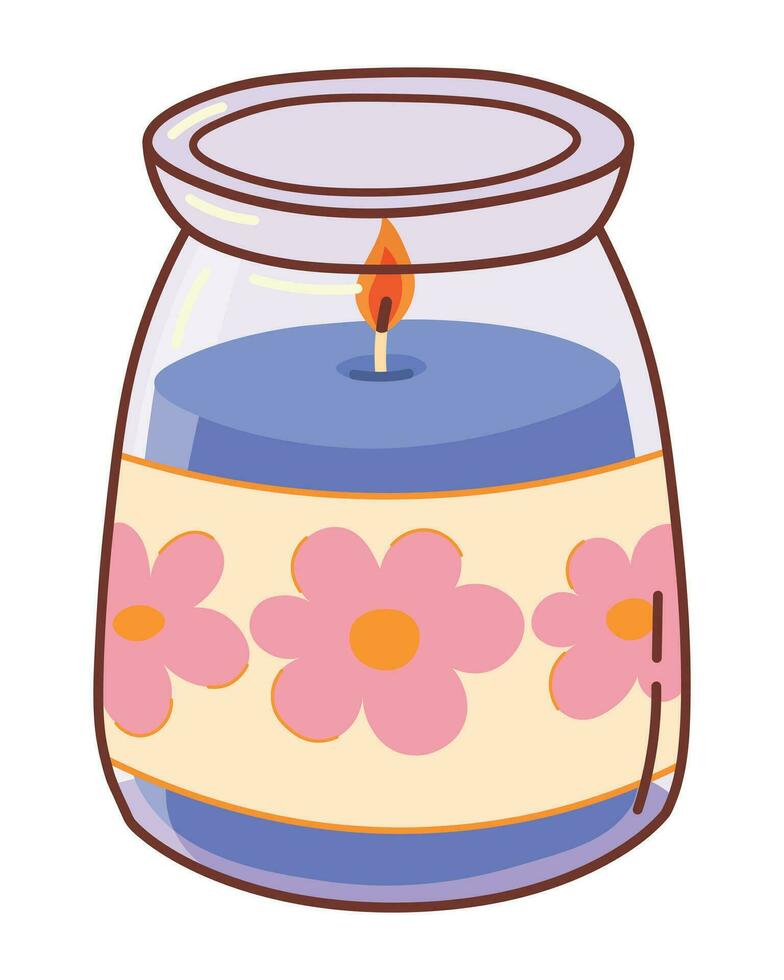 Decorative Cozy Wax Candle in a Cute Glass Jar with Decor. Hand Drawn Vector Aroma Candle for Relax and Spa