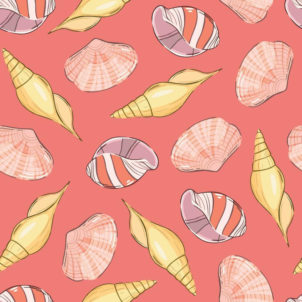 Lovely Beautiful Seamless Pattern with Decorative Various Seashells. Seashells Pattern on Light Pink Background vector