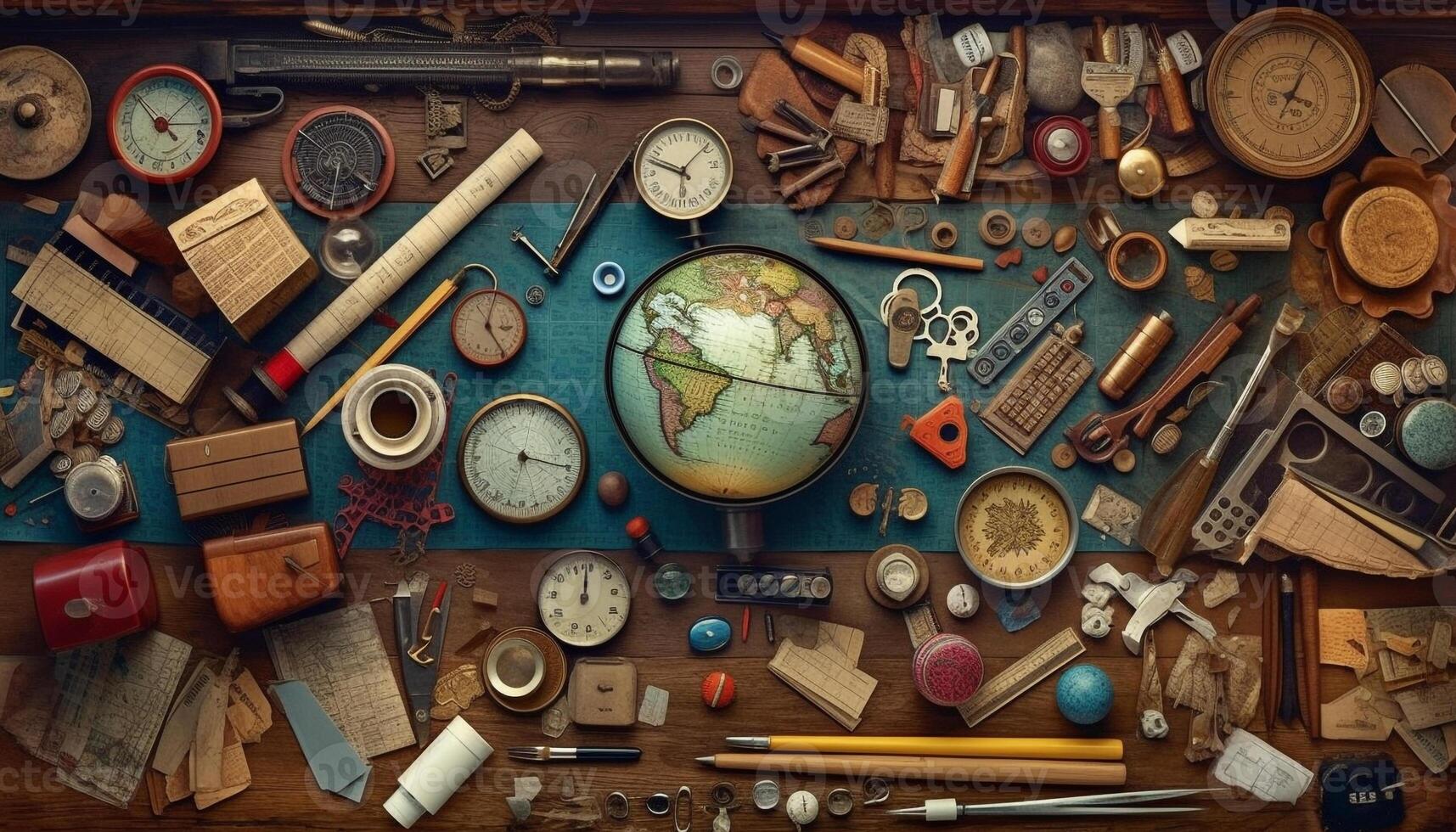 Old fashioned clock on wooden desk, surrounded by books and tools generated by AI photo