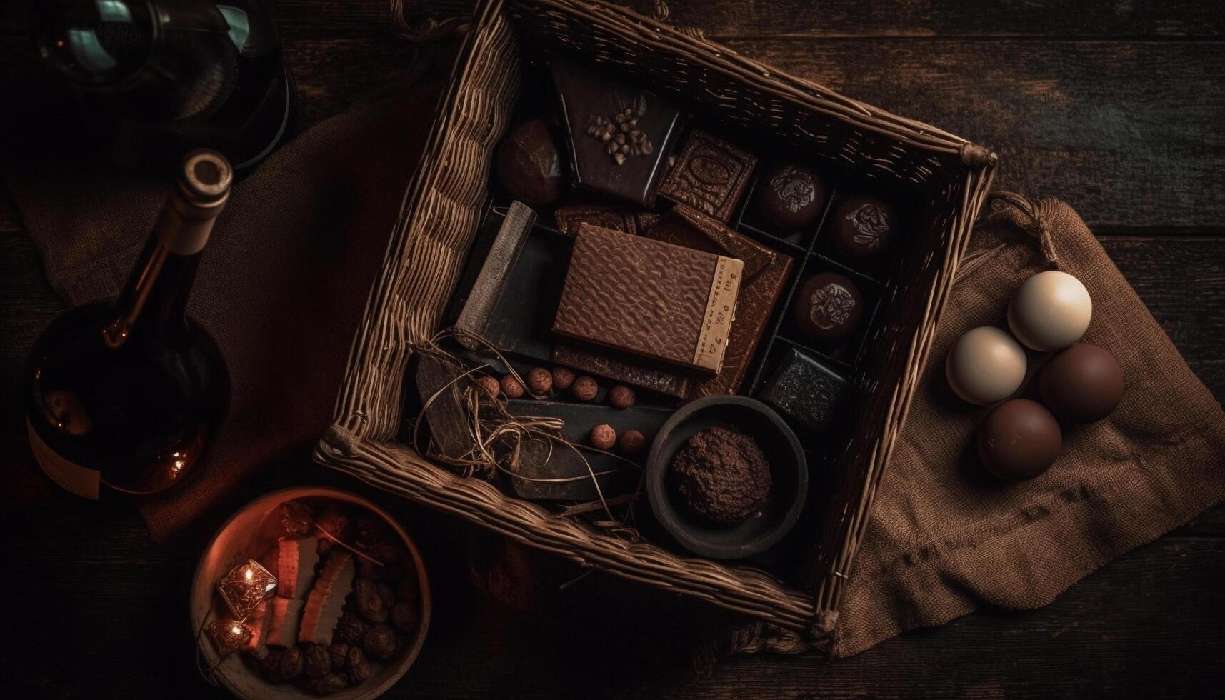 Rustic chocolate bowl, antique book, old fashioned decoration indulgence set generated by AI photo