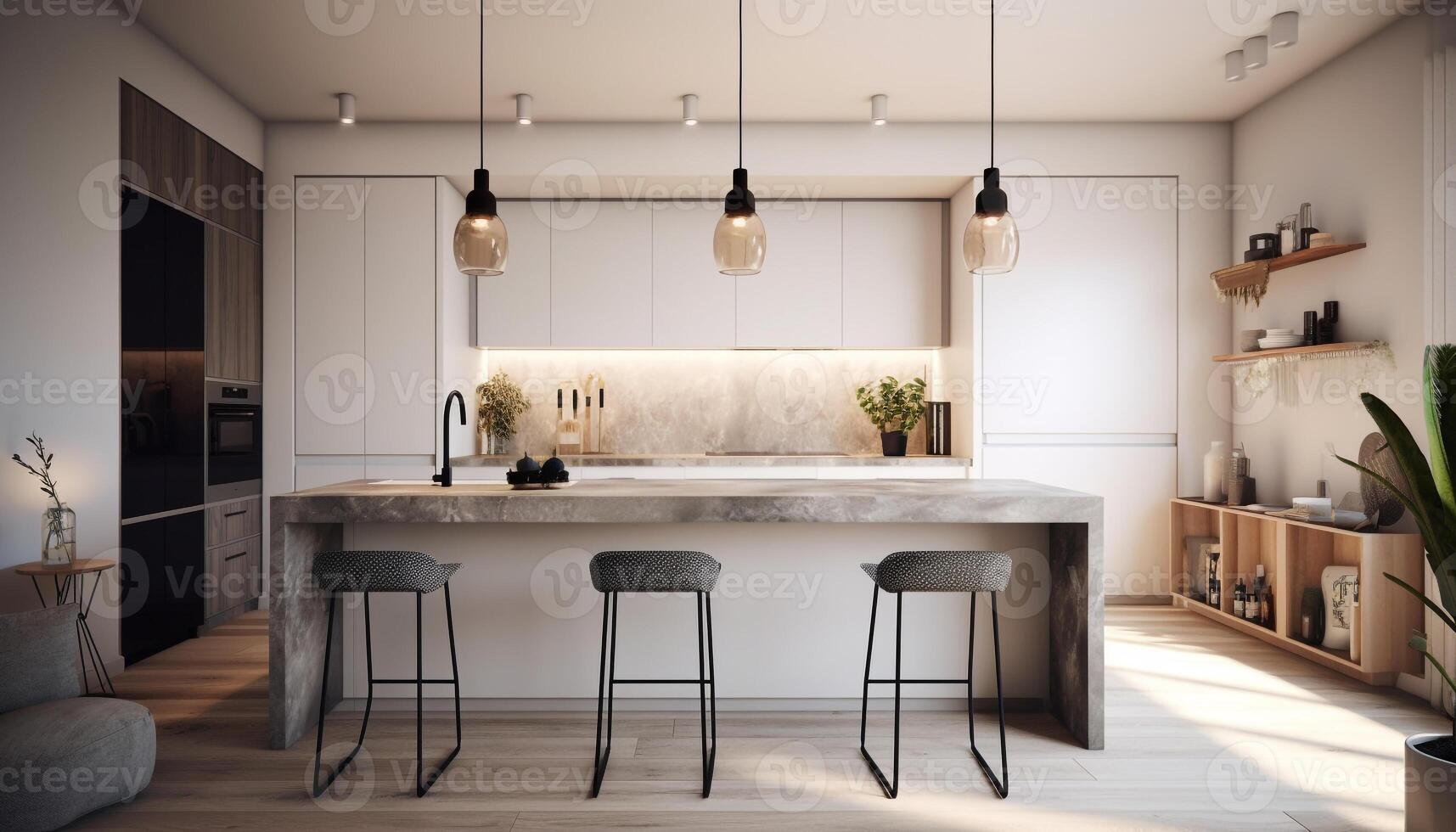 Elegant kitchen design with modern appliances, clean marble and wood flooring generated by AI photo