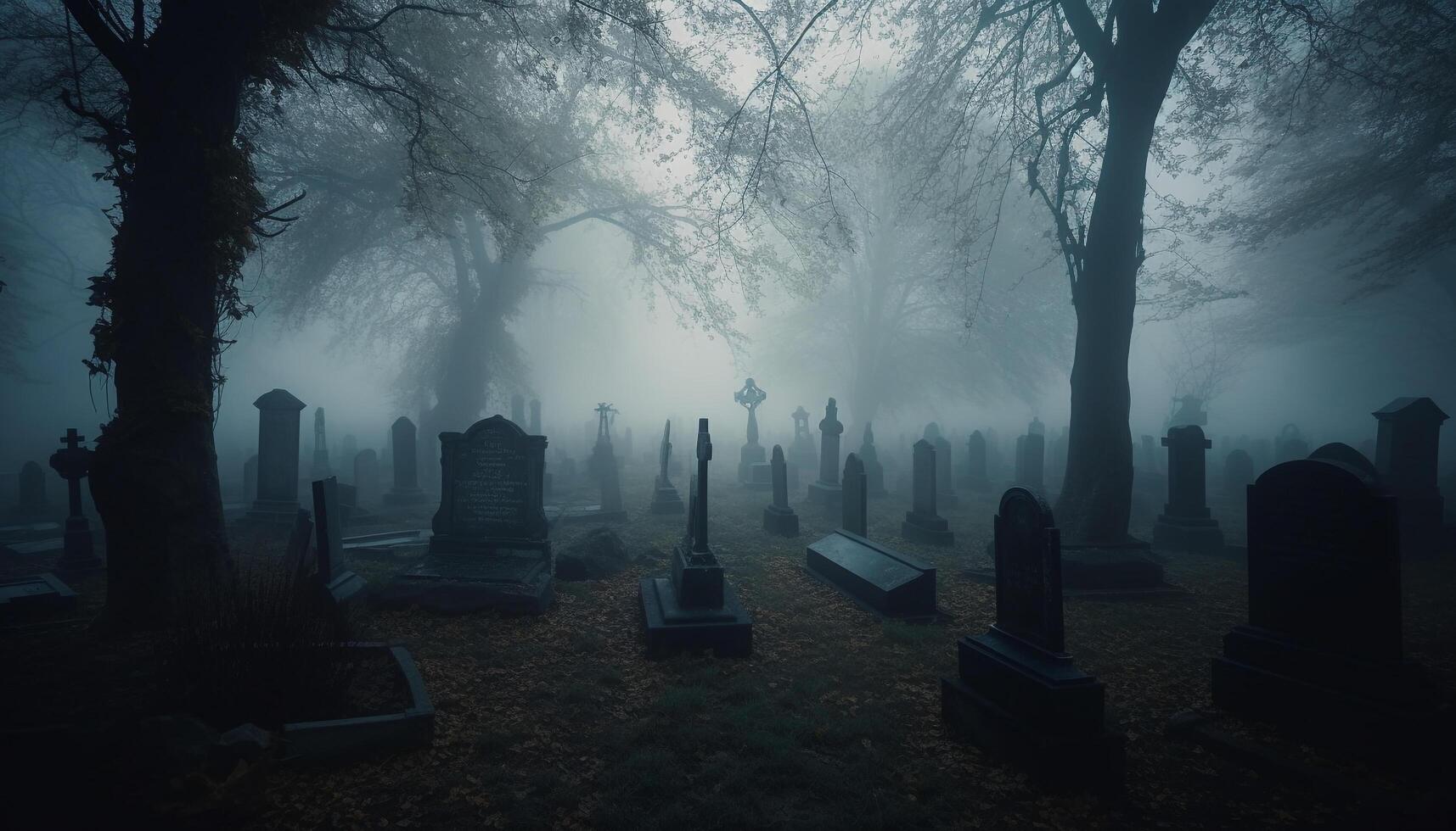 silueta de muerto persona en escalofriante cementerio, un obsesionante otoño generado por ai foto