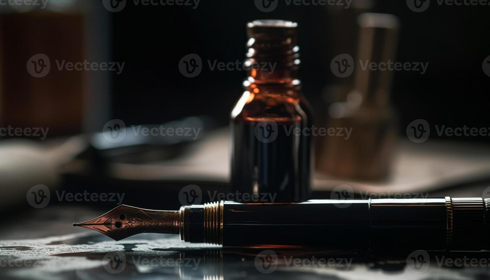 Antique fountain pen on wooden table with ink bottle nearby generated by AI photo