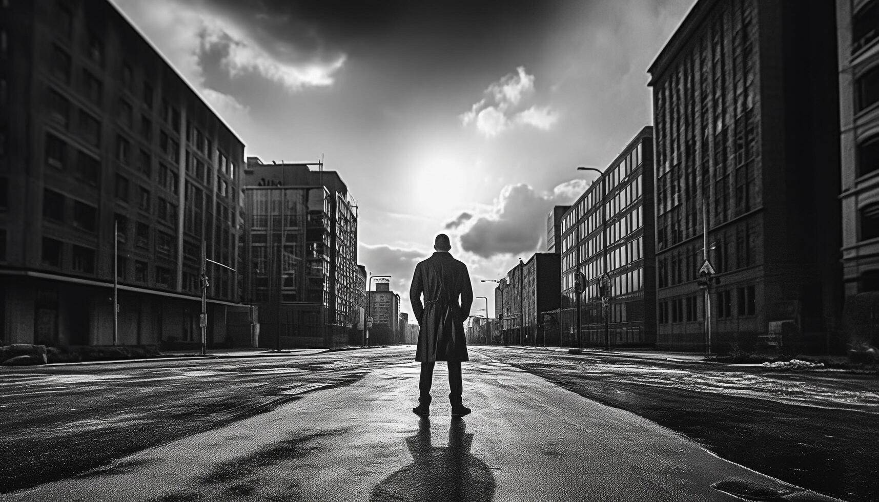 A lone businessman stands in the city, reflecting on success generated by AI photo