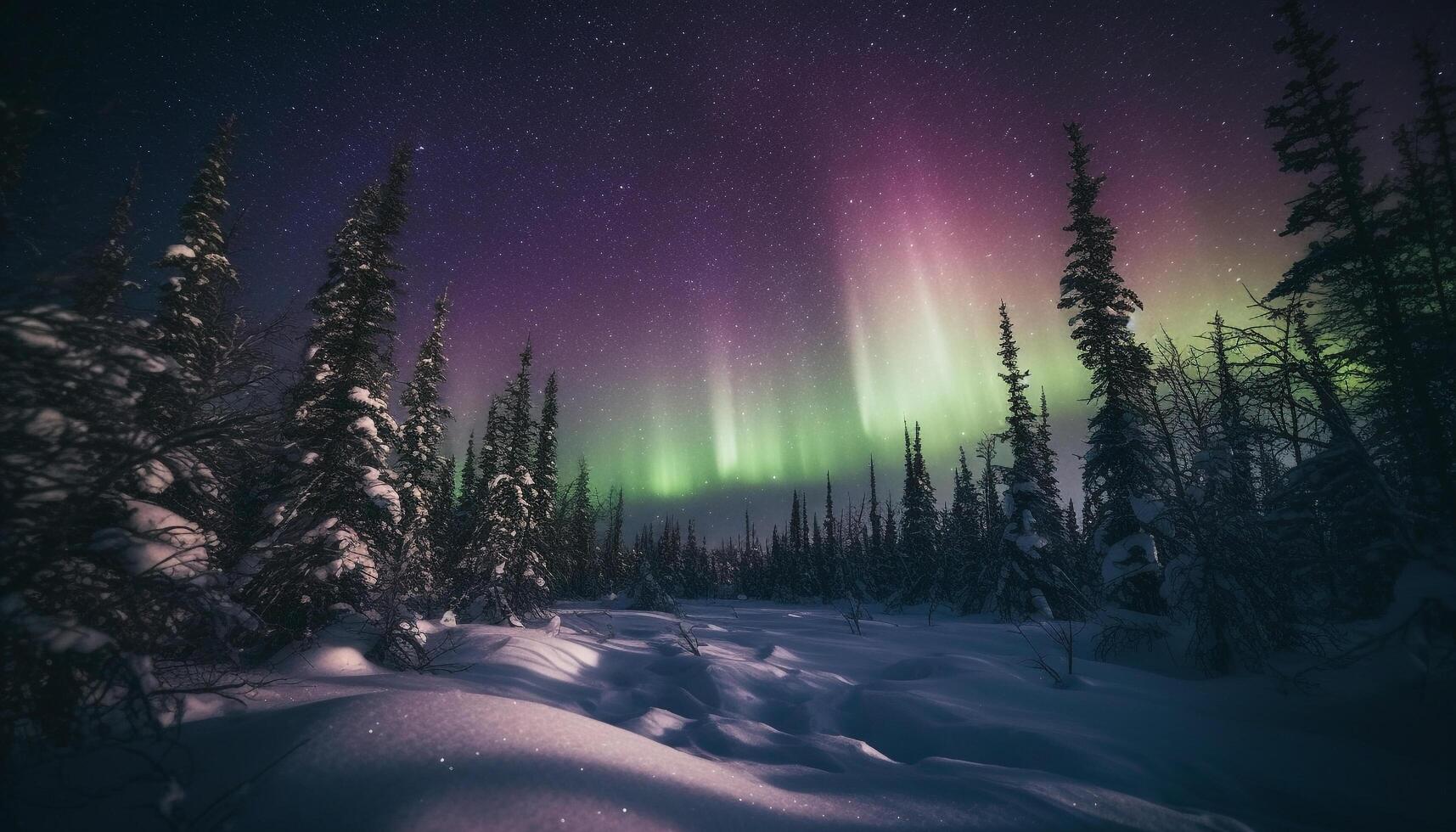 Tranquil winter night, illuminated by star trail and aurora polaris generated by AI photo