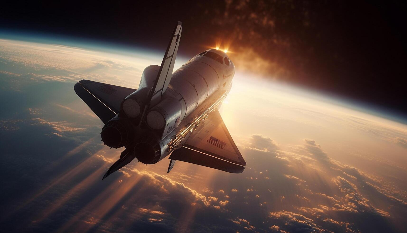 Rocket powered spaceship takes off at dusk, soaring through galaxy generated by AI photo